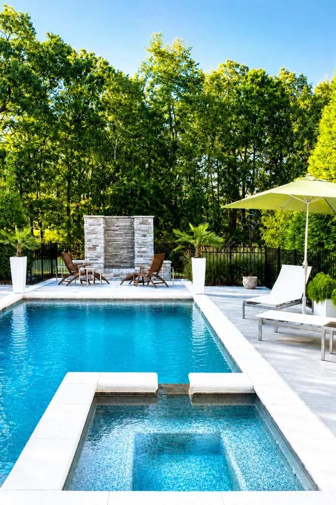 Luxury custom swimming pool with spa, pool plaster, and modern pool deck by NOLA Pool Plastering