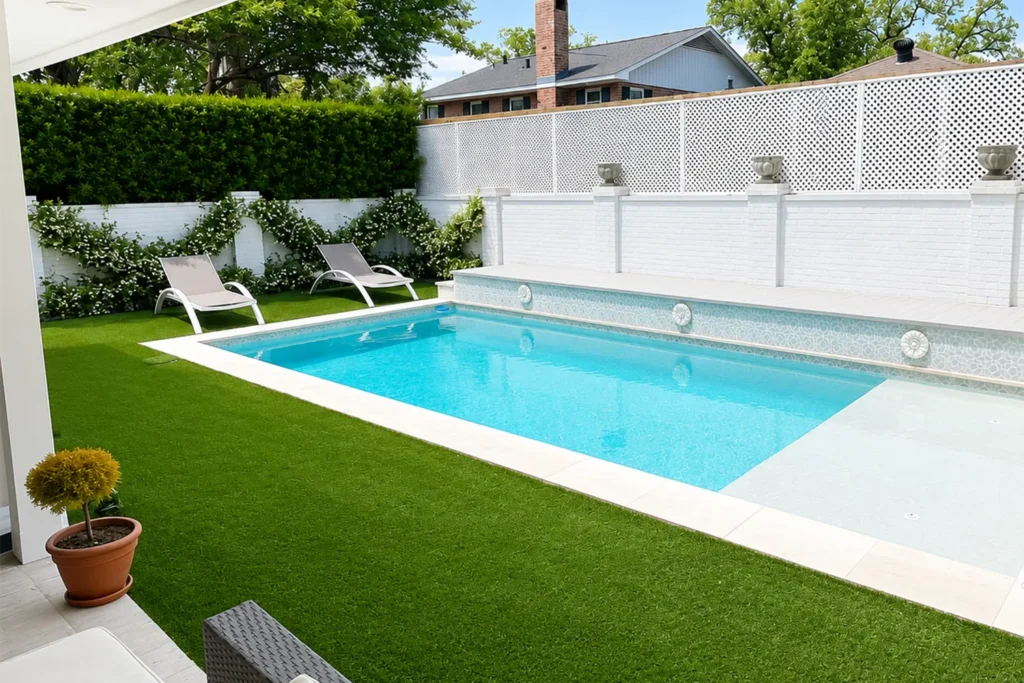 Luxury rectangular swimming pool with fresh white plaster finish, tanning ledge, and custom tile by NOLA Pool Plastering